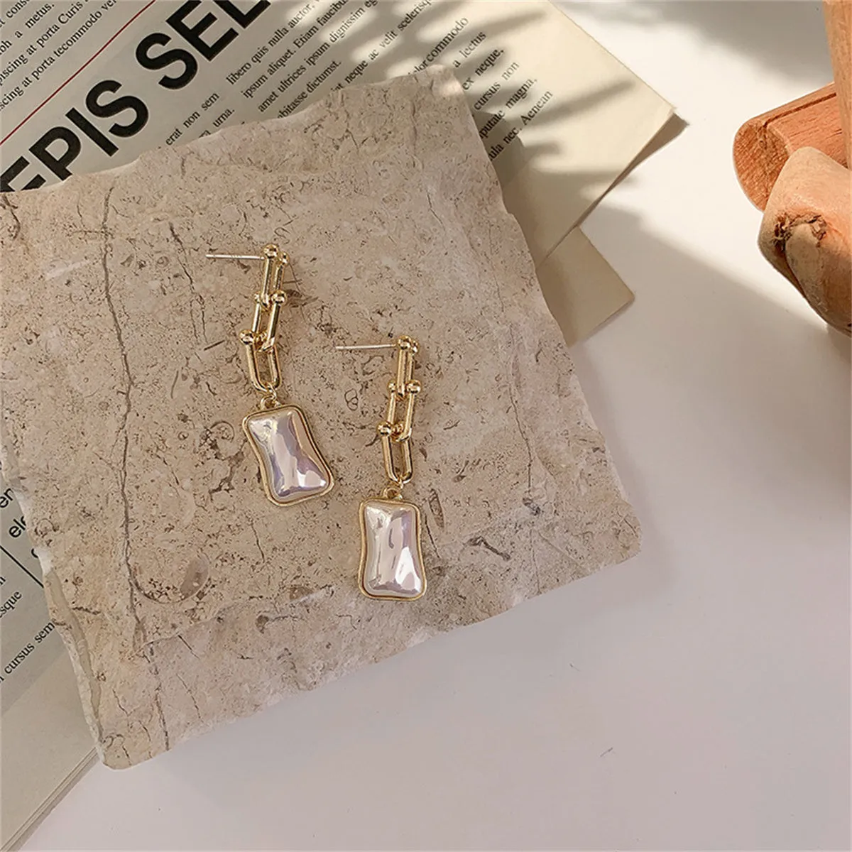 Pearl & 18K Gold-Plated Tiered Chain Vachette Irregular Drop Earrings