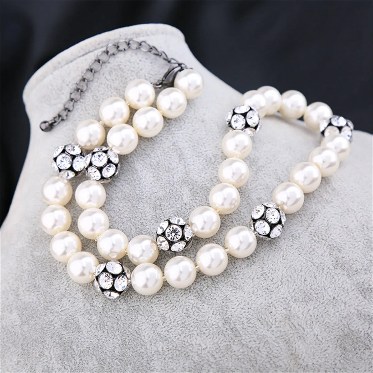 Pearl & Cubic Zirconia Black-Tone Ball Necklace