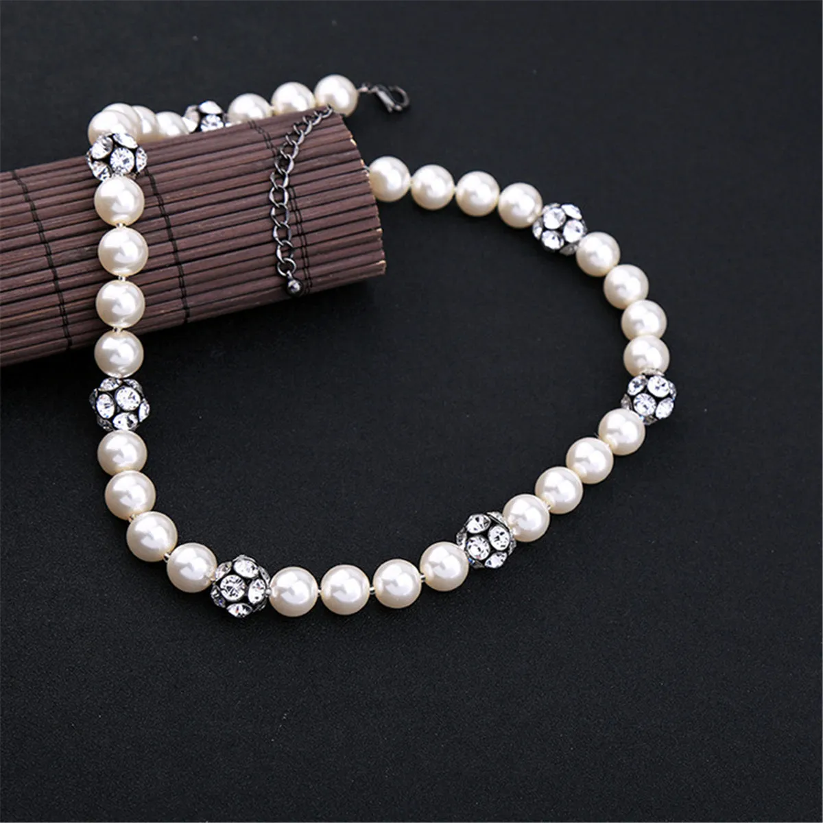 Pearl & Cubic Zirconia Black-Tone Ball Necklace