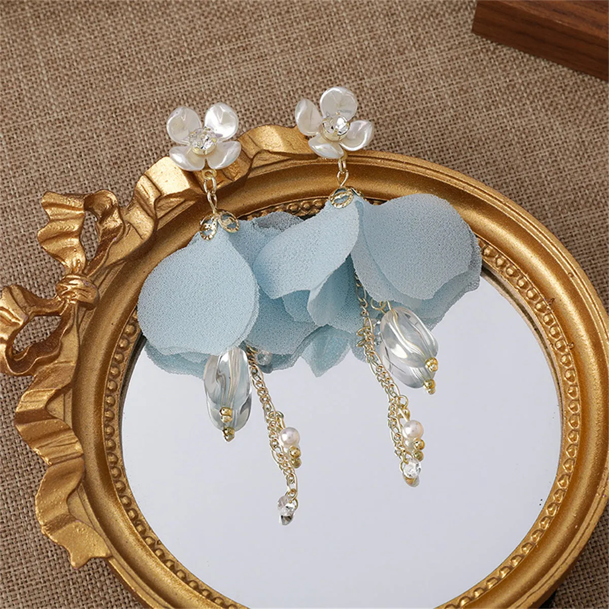 Pearl & Cubic Zirconia Blue Mesh Petals Floral Drop Earrings