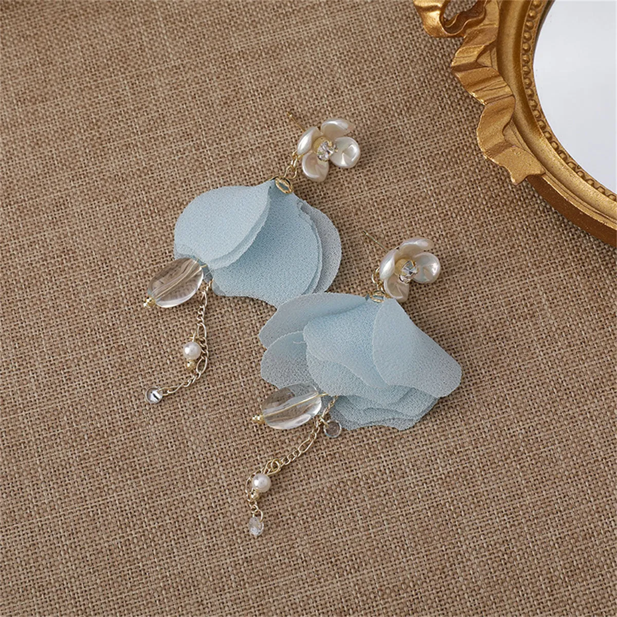 Pearl & Cubic Zirconia Blue Mesh Petals Floral Drop Earrings
