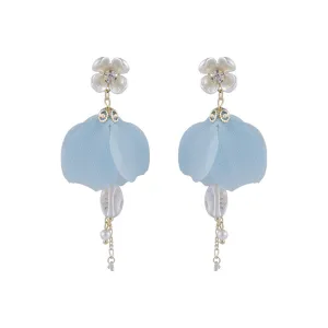 Pearl & Cubic Zirconia Blue Mesh Petals Floral Drop Earrings
