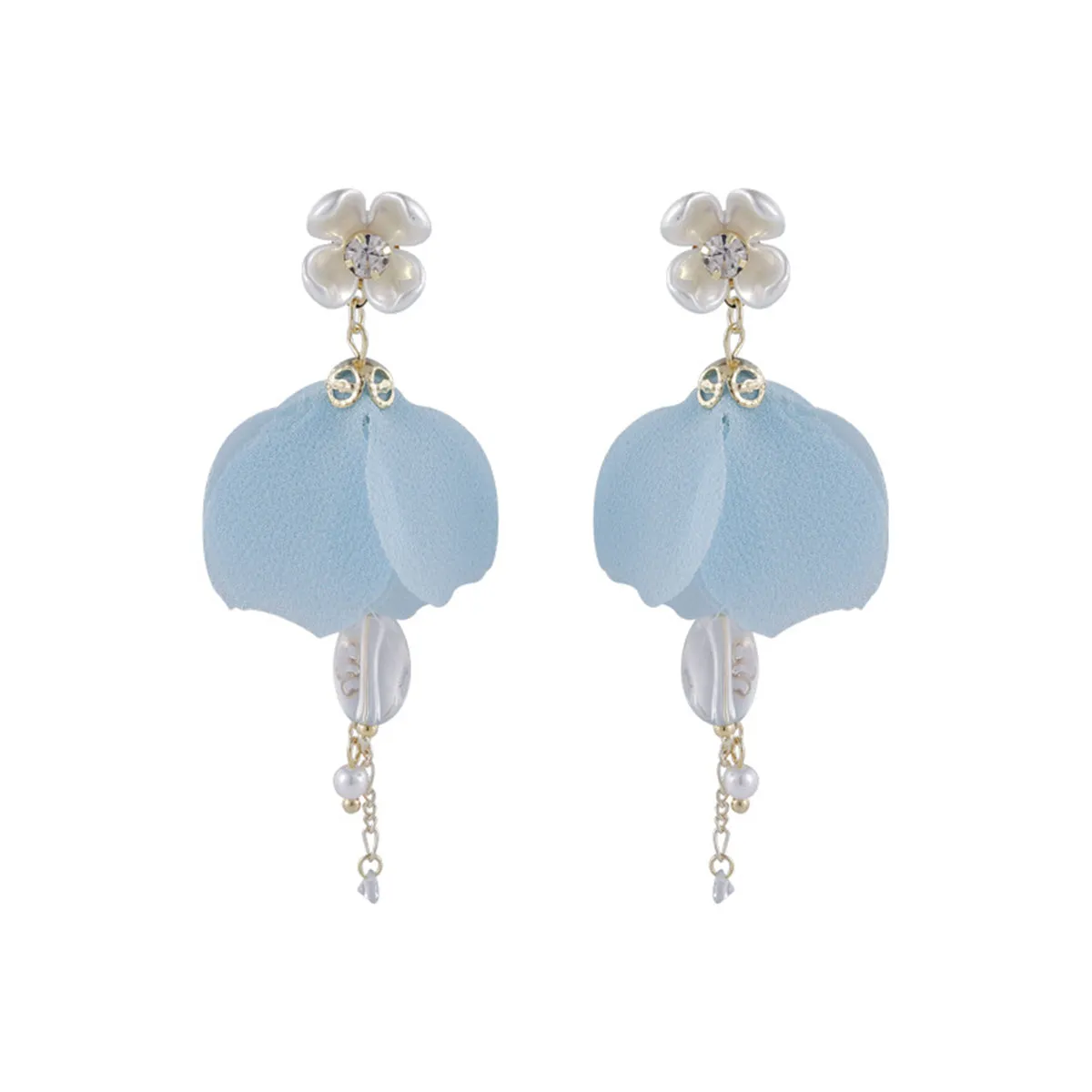 Pearl & Cubic Zirconia Blue Mesh Petals Floral Drop Earrings