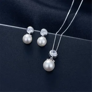 Pearl & Cubic Zirconia Pendant Necklace & Drop Earrings