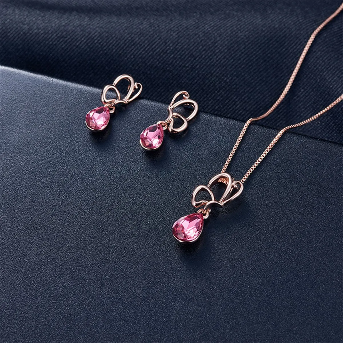Pink & 18K Rose Gold-Plated Butterfly Pendant Necklace & Earrings