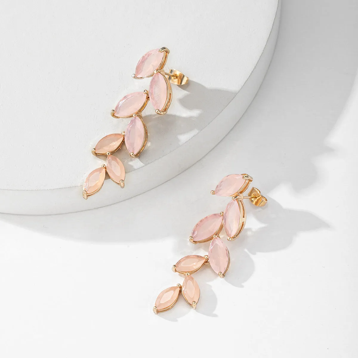 Pink Crystal & 18K Gold-Plated Leaves Drop Earrings