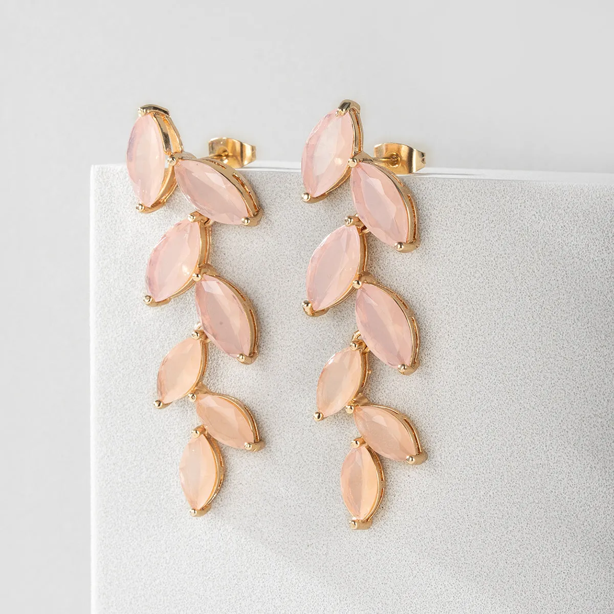 Pink Crystal & 18K Gold-Plated Leaves Drop Earrings