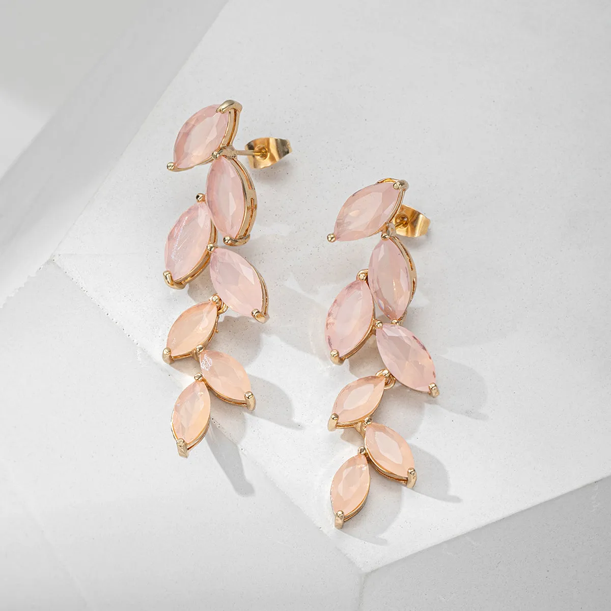 Pink Crystal & 18K Gold-Plated Leaves Drop Earrings