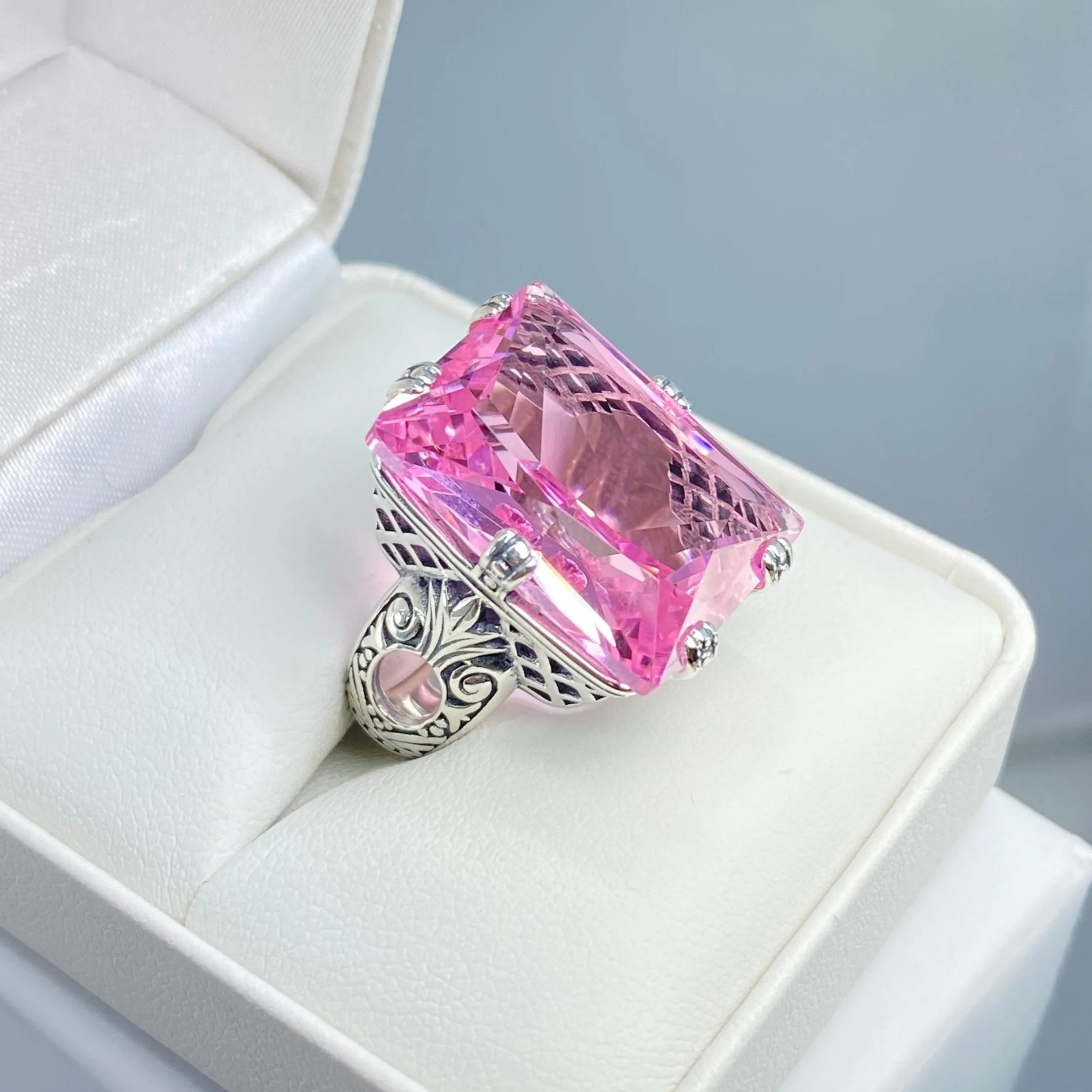 Pink Topaz Ring, 6 Prong Ring, 30ct Art Deco Ring, Vintage Jewelry #D104