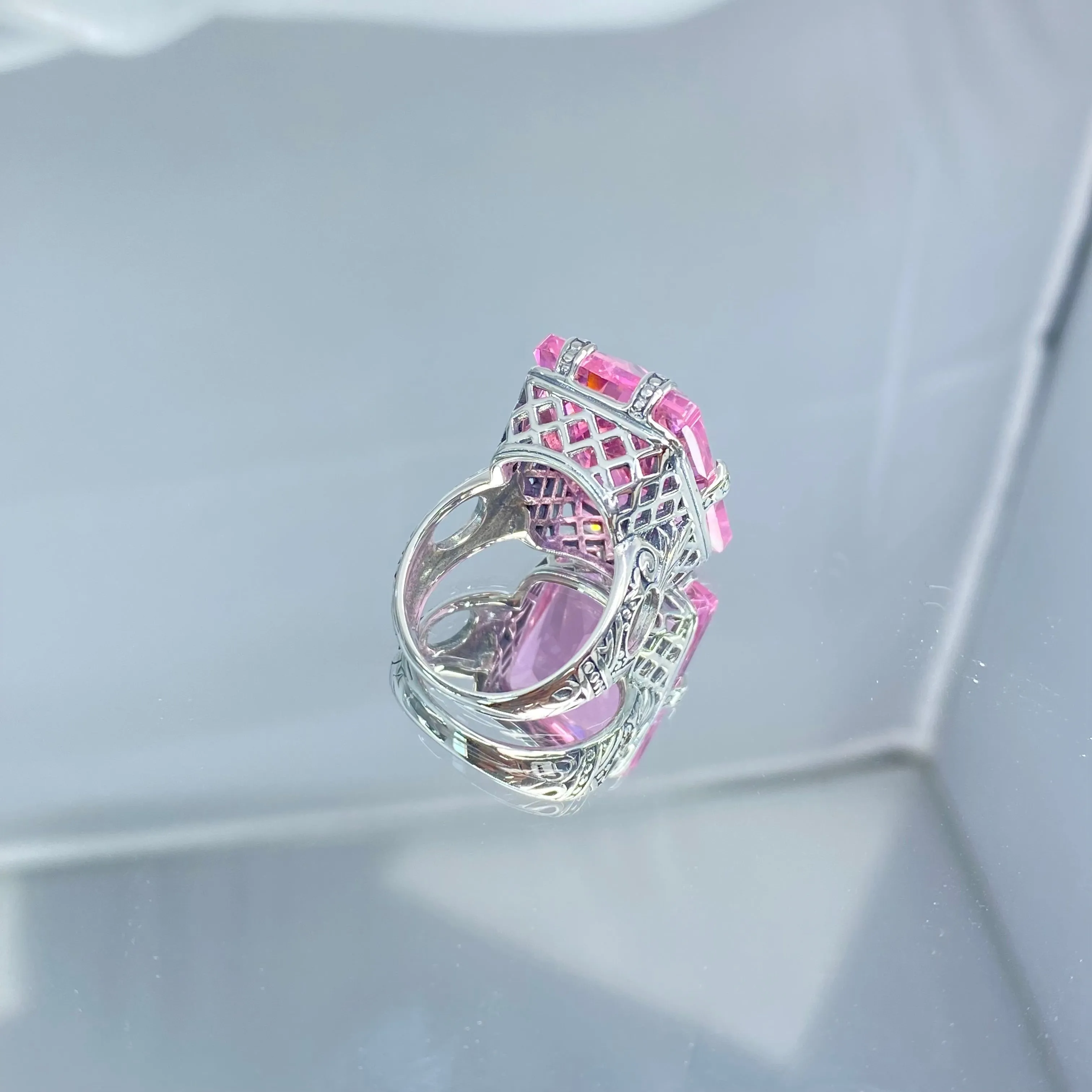 Pink Topaz Ring, 6 Prong Ring, 30ct Art Deco Ring, Vintage Jewelry #D104