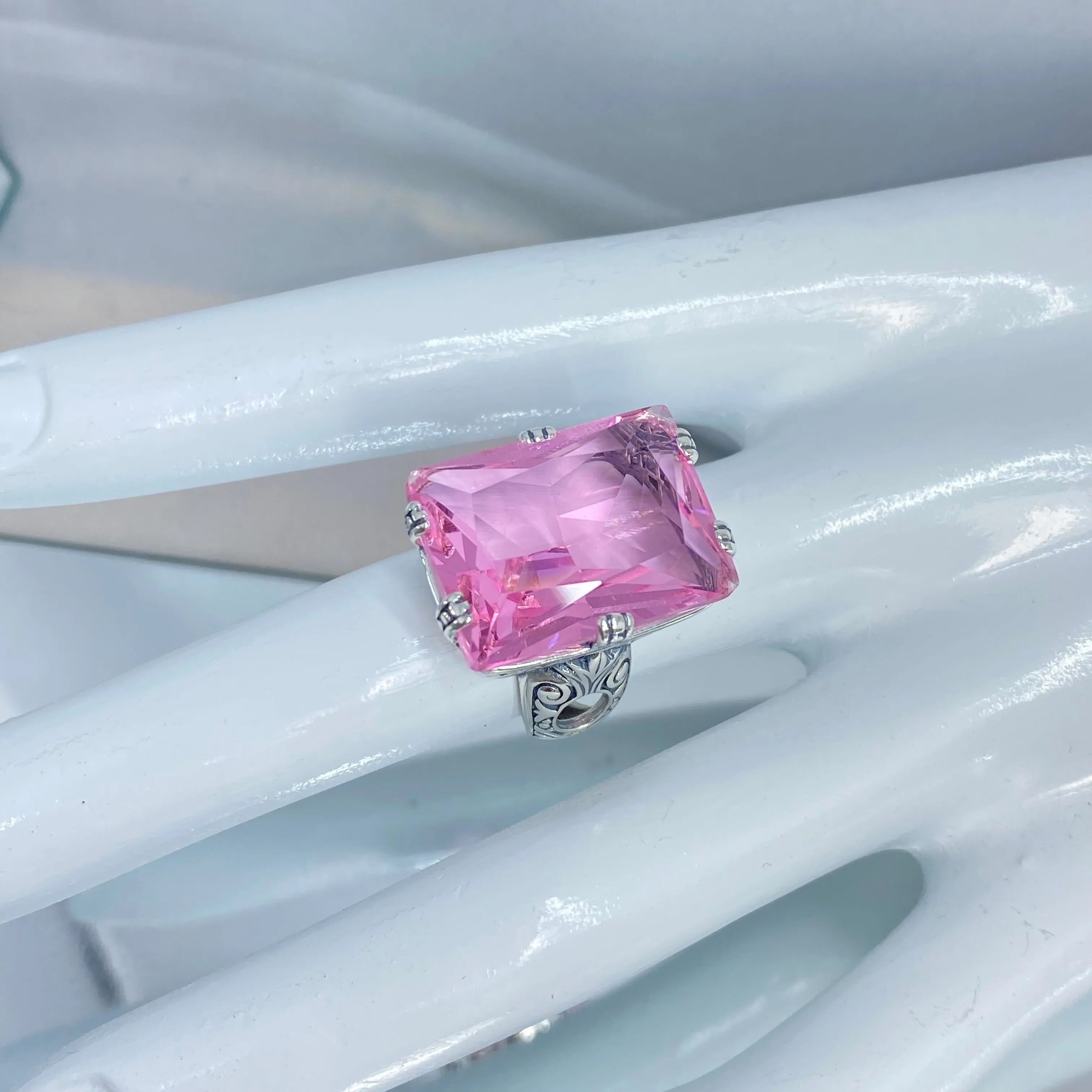 Pink Topaz Ring, 6 Prong Ring, 30ct Art Deco Ring, Vintage Jewelry #D104