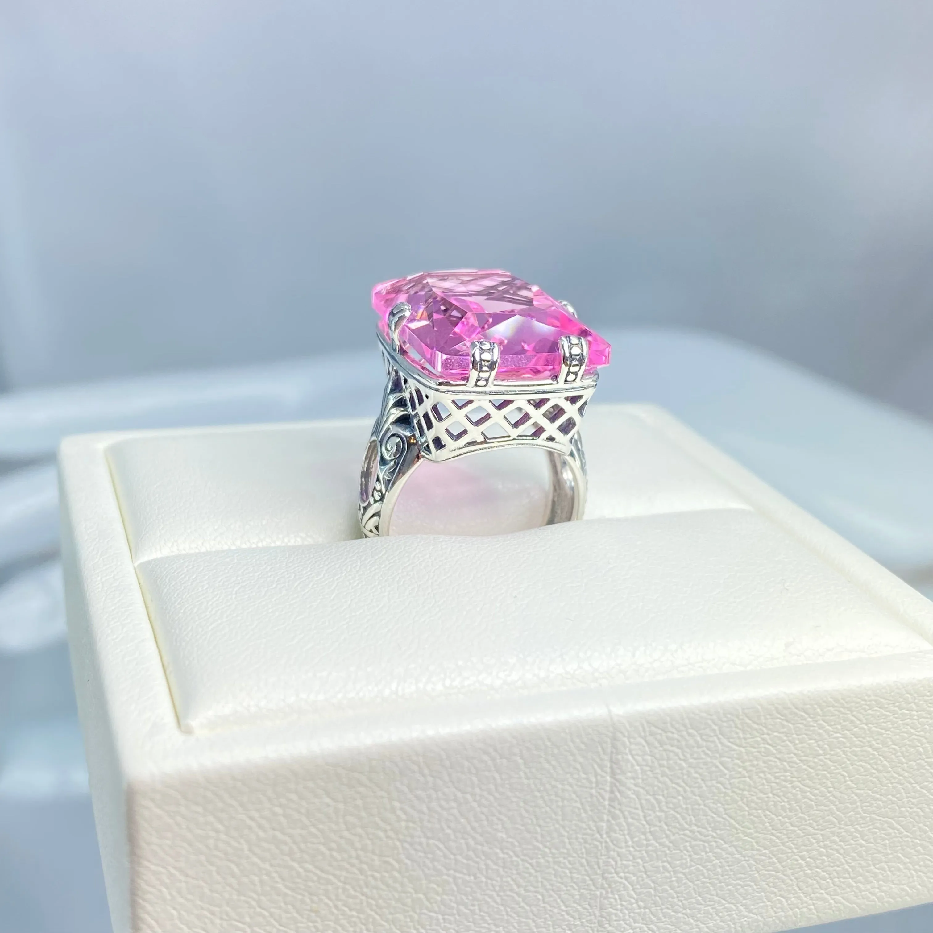 Pink Topaz Ring, 6 Prong Ring, 30ct Art Deco Ring, Vintage Jewelry #D104