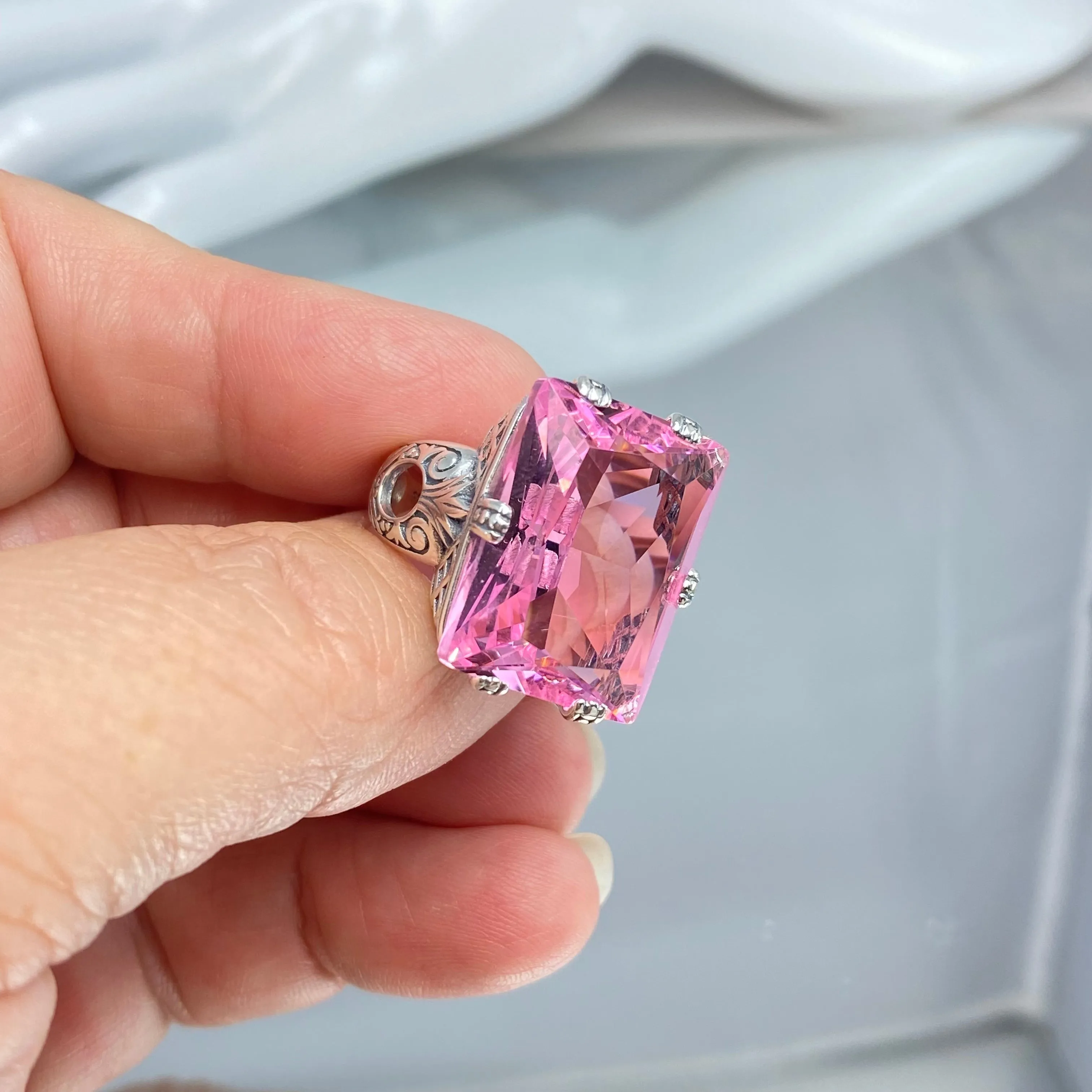 Pink Topaz Ring, 6 Prong Ring, 30ct Art Deco Ring, Vintage Jewelry #D104