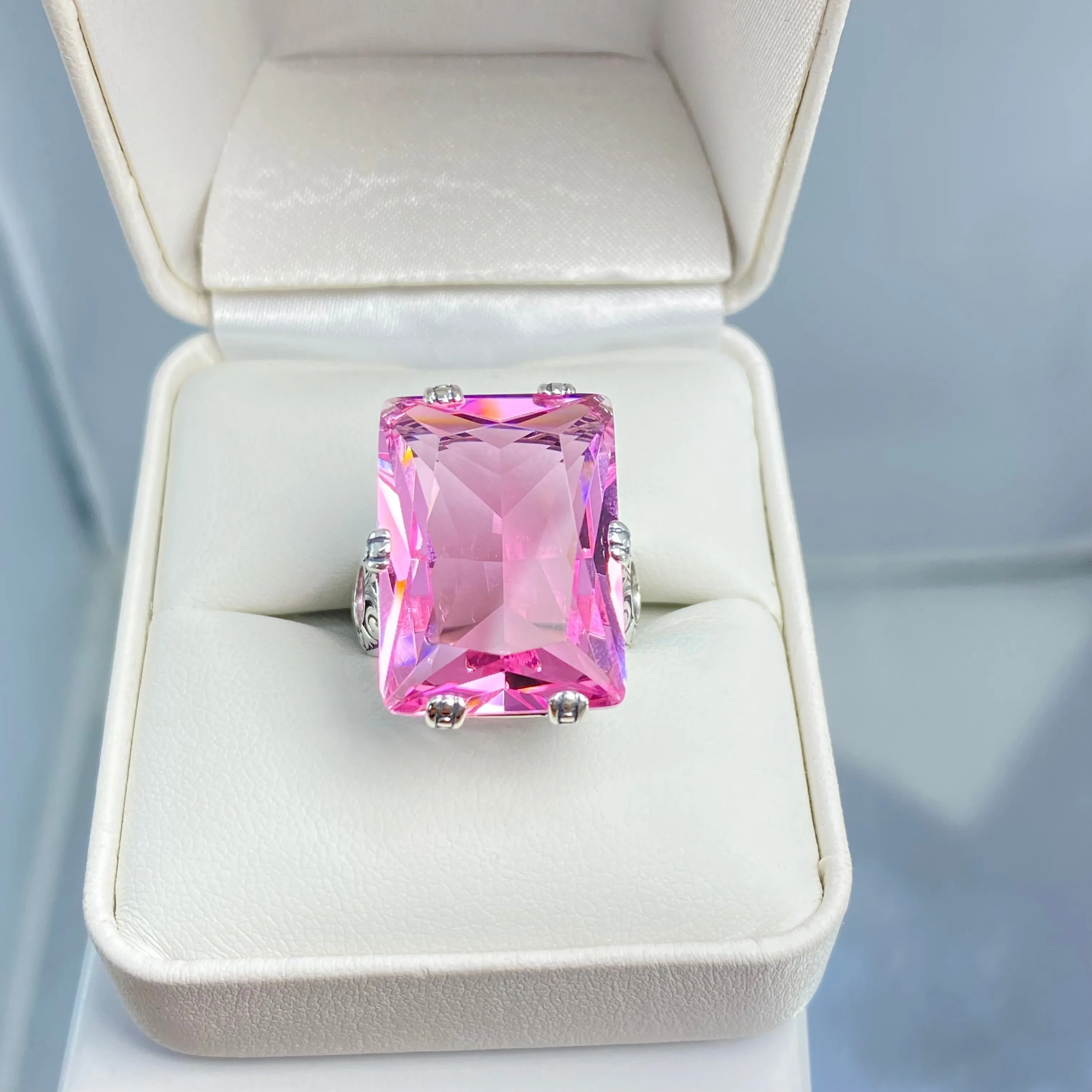 Pink Topaz Ring, 6 Prong Ring, 30ct Art Deco Ring, Vintage Jewelry #D104