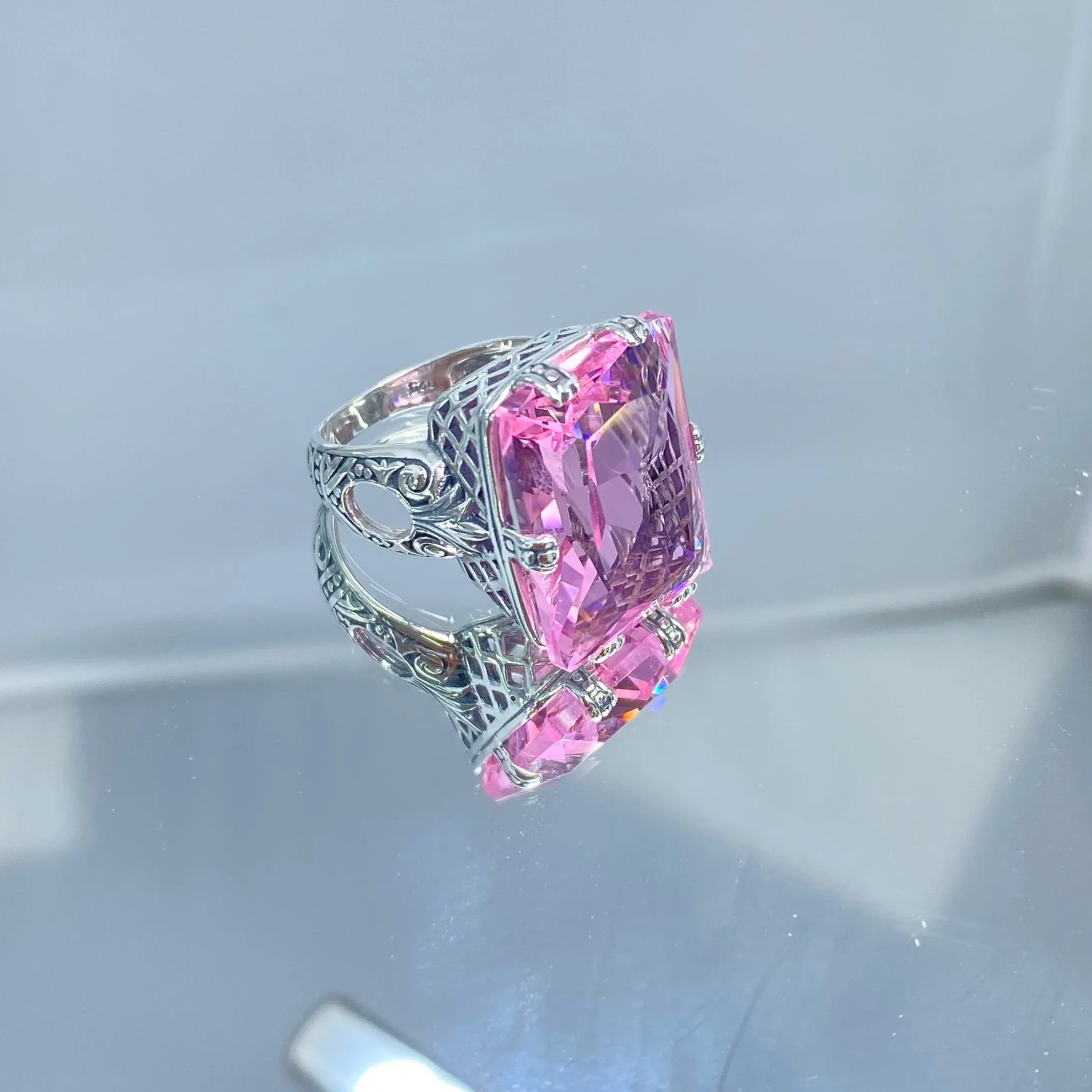 Pink Topaz Ring, 6 Prong Ring, 30ct Art Deco Ring, Vintage Jewelry #D104