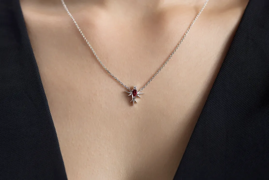 Pink Tourmaline & Diamond Bird Necklace-White Gold
