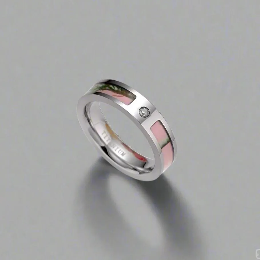 Pink Tree Camo Titanium Wedding Band with Diamond