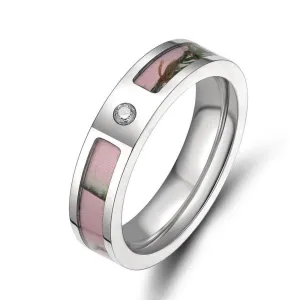 Pink Tree Camo Titanium Wedding Band with Diamond