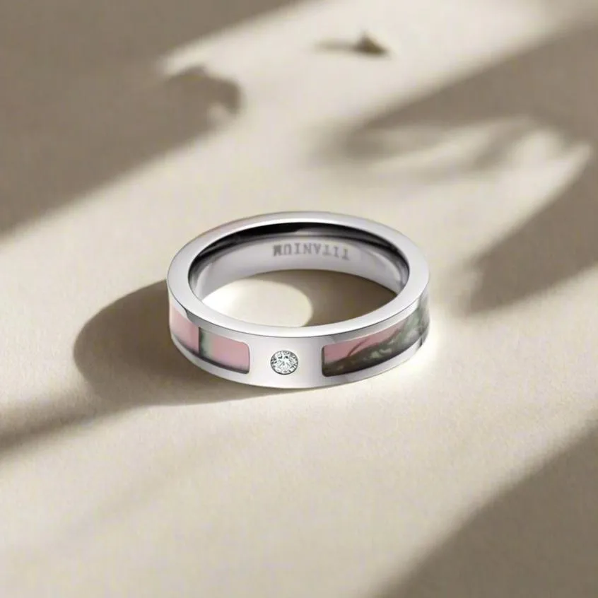 Pink Tree Camo Titanium Wedding Band with Diamond