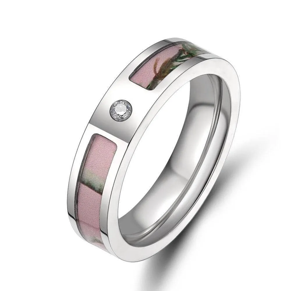 Pink Tree Camo Titanium Wedding Band with Diamond