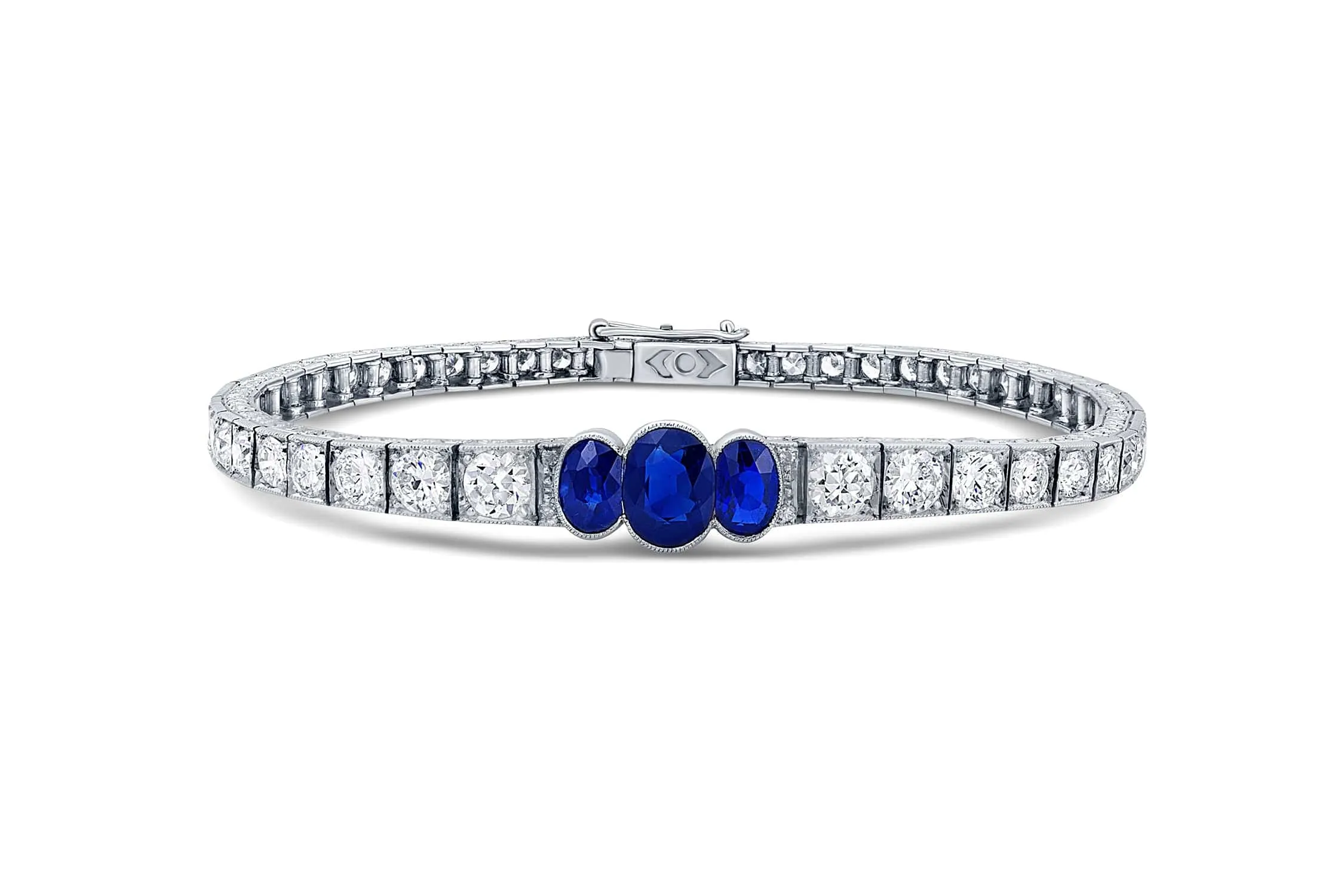 Platinum 1920's Oval Sapphire and Diamond Bracelet, AGL certified