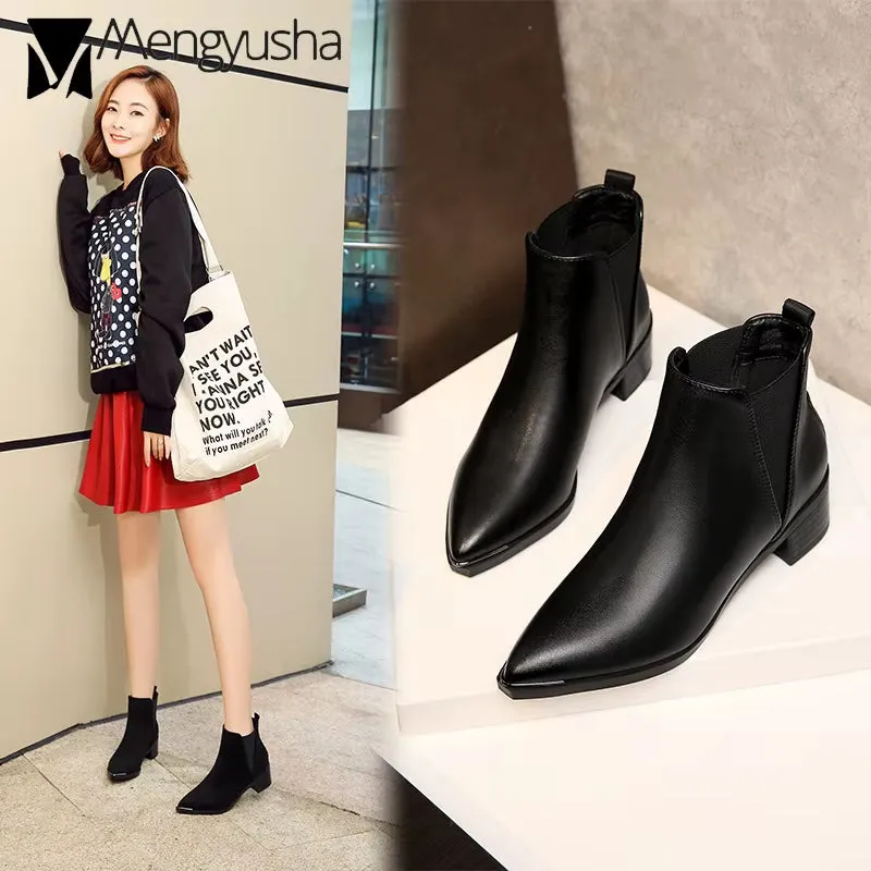 Pointed Toe Chelsea Boots Woman Short Ankle Botines Solid Leather Goth Botas Women Stretch Snow Motorcycle Booties Winter Shoe