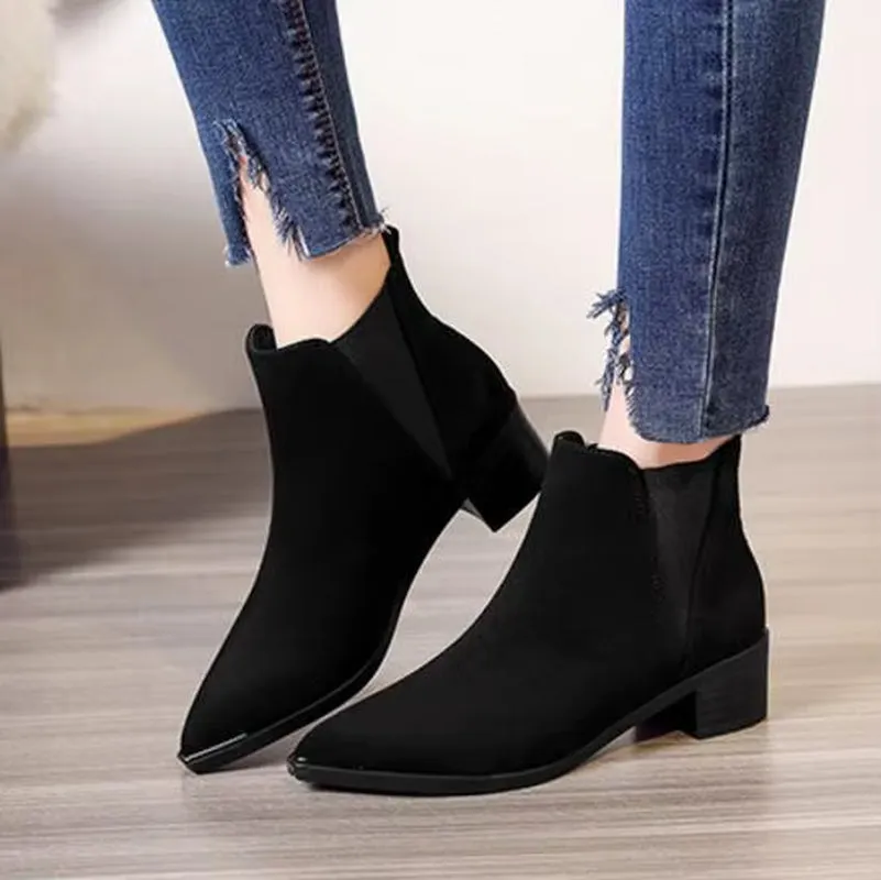 Pointed Toe Chelsea Boots Woman Short Ankle Botines Solid Leather Goth Botas Women Stretch Snow Motorcycle Booties Winter Shoe