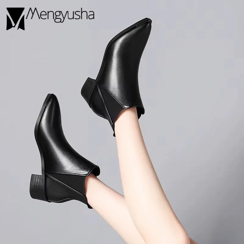 Pointed Toe Chelsea Boots Woman Short Ankle Botines Solid Leather Goth Botas Women Stretch Snow Motorcycle Booties Winter Shoe