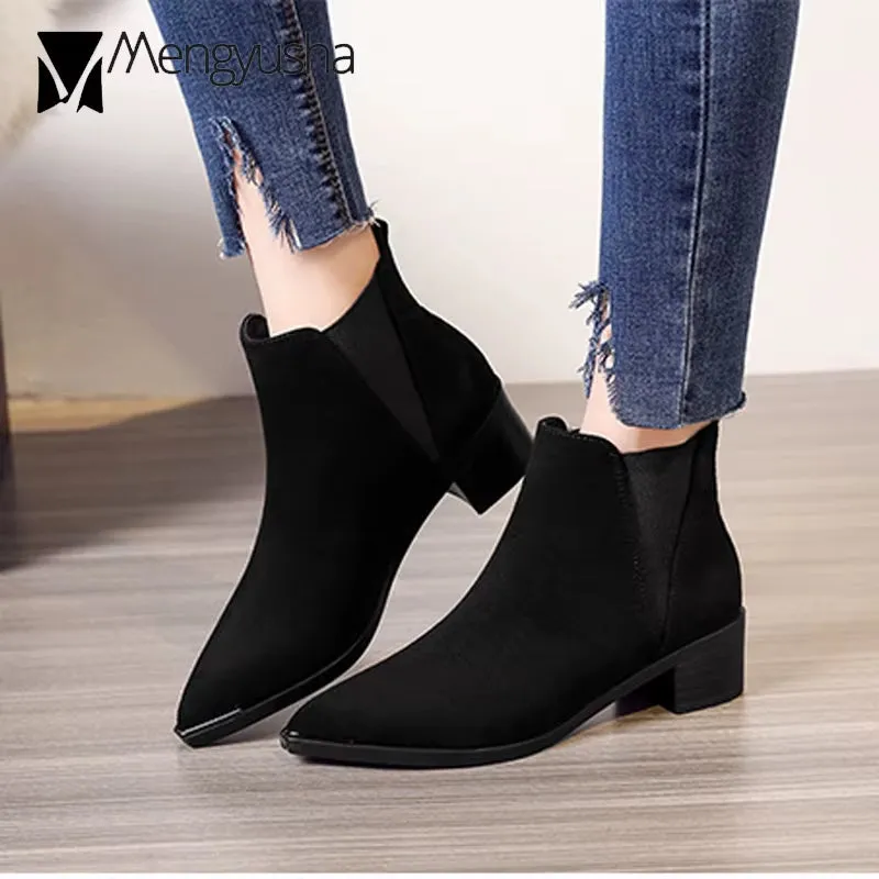 Pointed Toe Chelsea Boots Woman Short Ankle Botines Solid Leather Goth Botas Women Stretch Snow Motorcycle Booties Winter Shoe