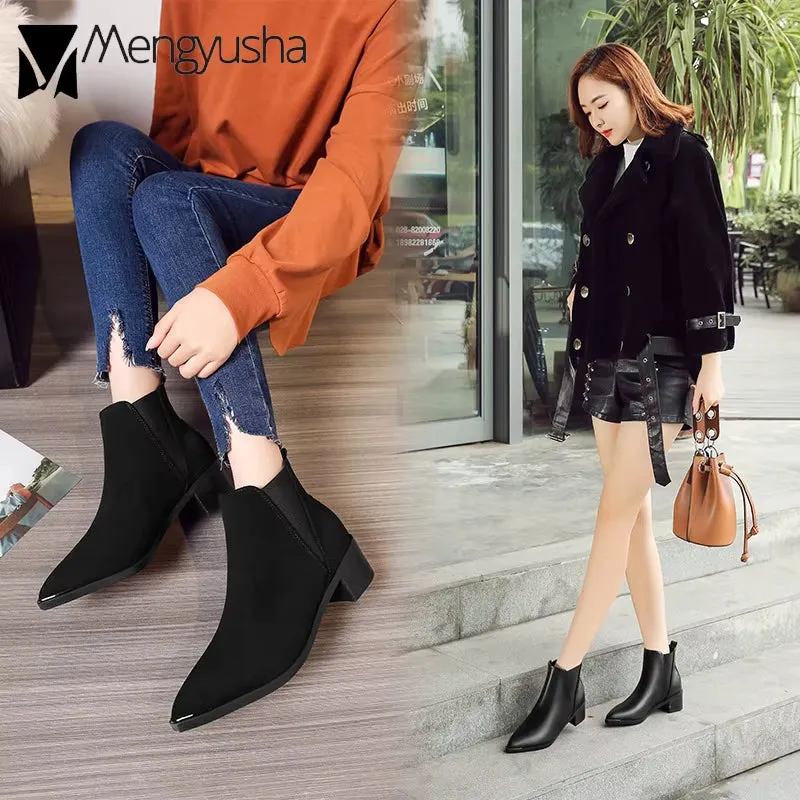 Pointed Toe Chelsea Boots Woman Short Ankle Botines Solid Leather Goth Botas Women Stretch Snow Motorcycle Booties Winter Shoe