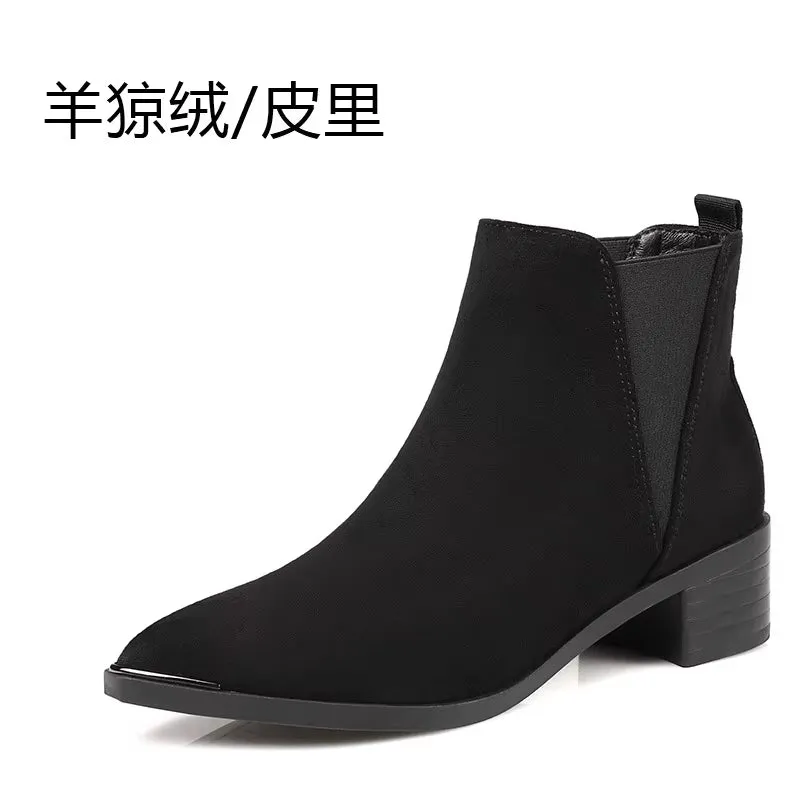 Pointed Toe Chelsea Boots Woman Short Ankle Botines Solid Leather Goth Botas Women Stretch Snow Motorcycle Booties Winter Shoe