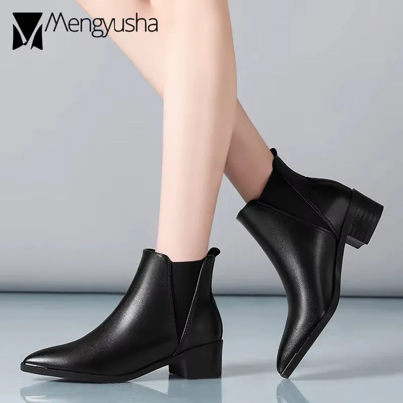 Pointed Toe Chelsea Boots Woman Short Ankle Botines Solid Leather Goth Botas Women Stretch Snow Motorcycle Booties Winter Shoe