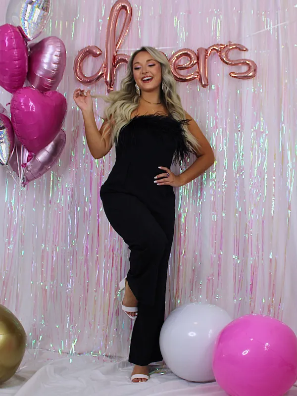 Poppin' Bottles Strapless Jumpsuit with Feather Trim, Black