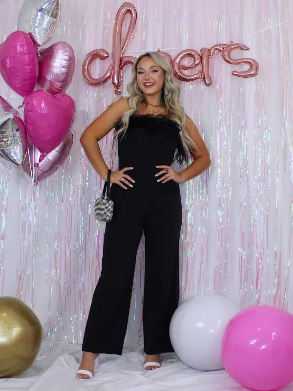 Poppin' Bottles Strapless Jumpsuit with Feather Trim, Black