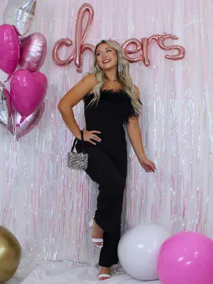 Poppin' Bottles Strapless Jumpsuit with Feather Trim, Black