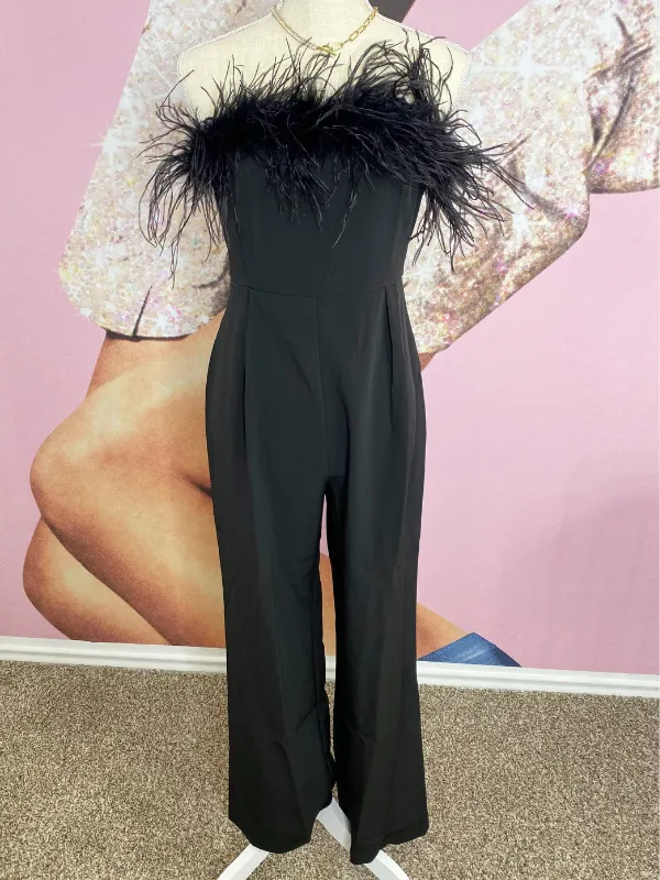 Poppin' Bottles Strapless Jumpsuit with Feather Trim, Black