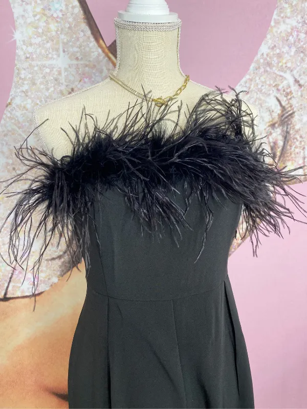 Poppin' Bottles Strapless Jumpsuit with Feather Trim, Black