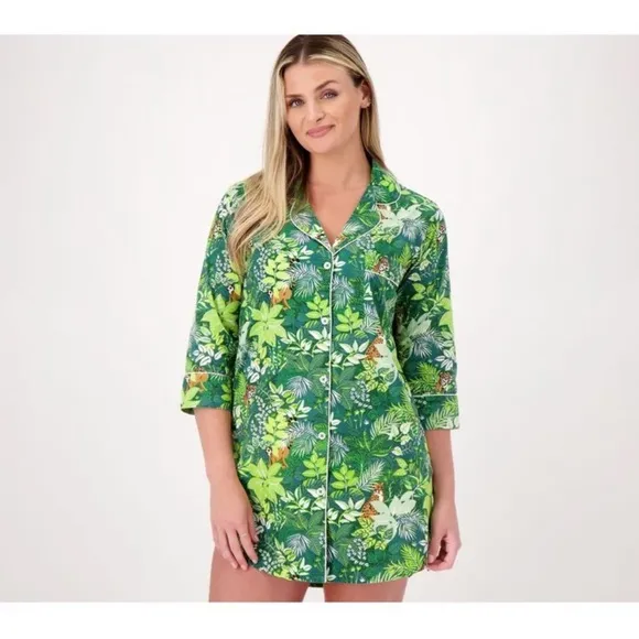 Print Fresh Women's Sleepwear Sz L Cotton Poplin Sleep Shirt Green