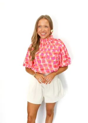 Puff Sleeves Button Back Top - Pink