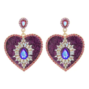 Purple Crystal & Cubic Zirconia Heart Drop Earrings