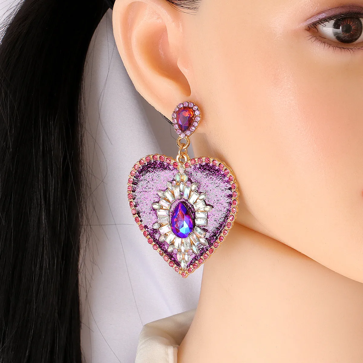 Purple Crystal & Cubic Zirconia Heart Drop Earrings