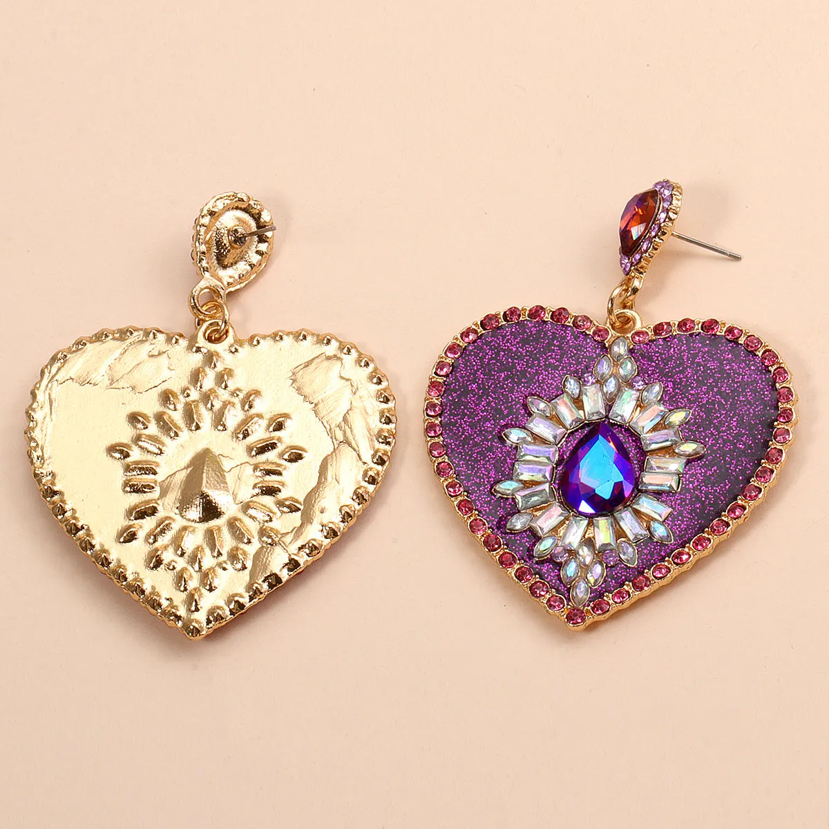 Purple Crystal & Cubic Zirconia Heart Drop Earrings