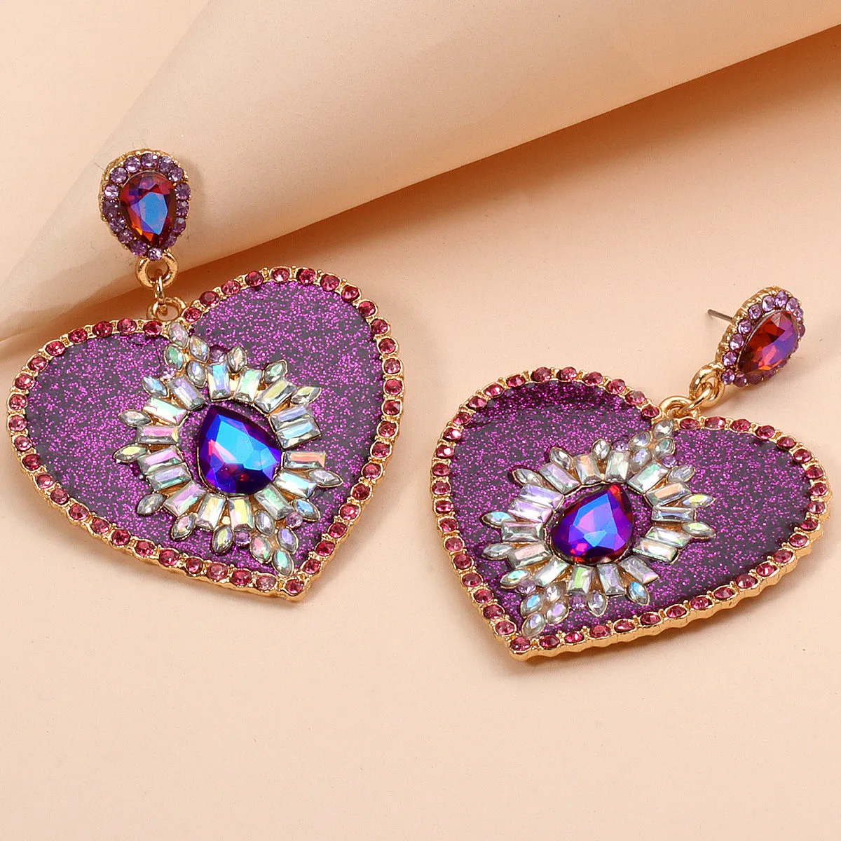 Purple Crystal & Cubic Zirconia Heart Drop Earrings