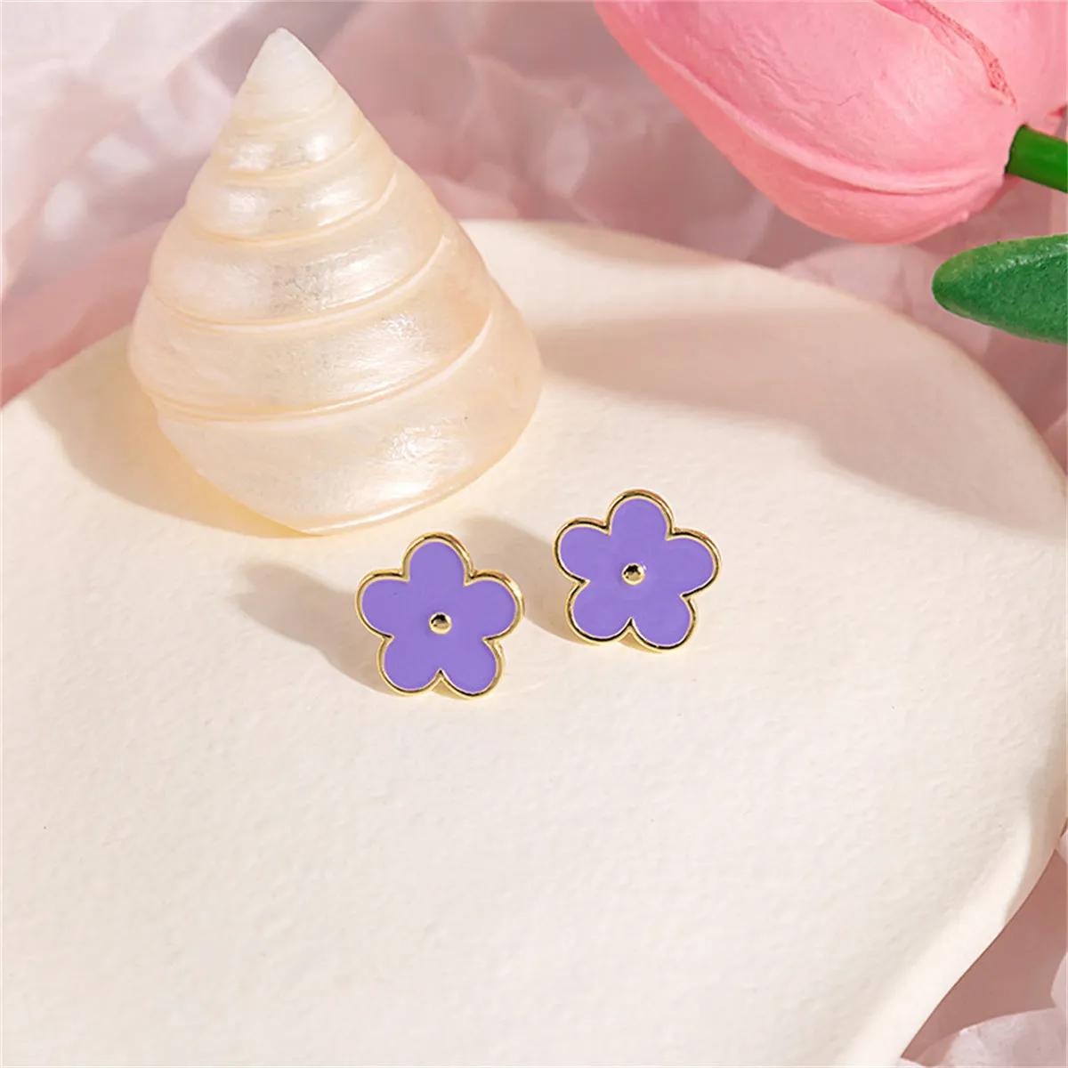Purple Enamel & 18K Gold-Plated Flower Stud Earrings