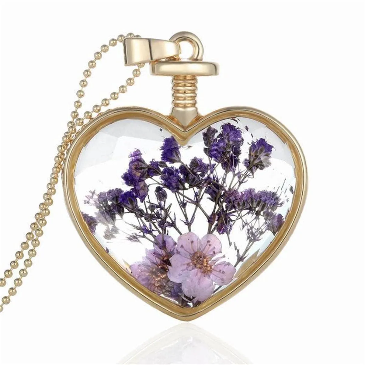 Purple Pressed Peach Blossom & 18K Gold-Plated Heart Pendant Necklace