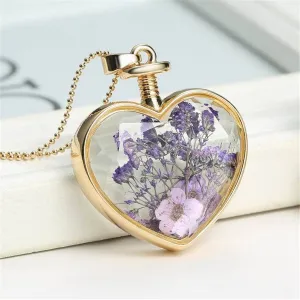 Purple Pressed Peach Blossom & 18K Gold-Plated Heart Pendant Necklace