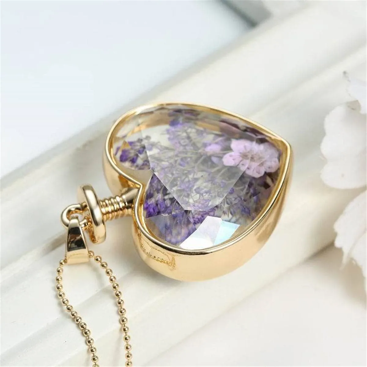 Purple Pressed Peach Blossom & 18K Gold-Plated Heart Pendant Necklace