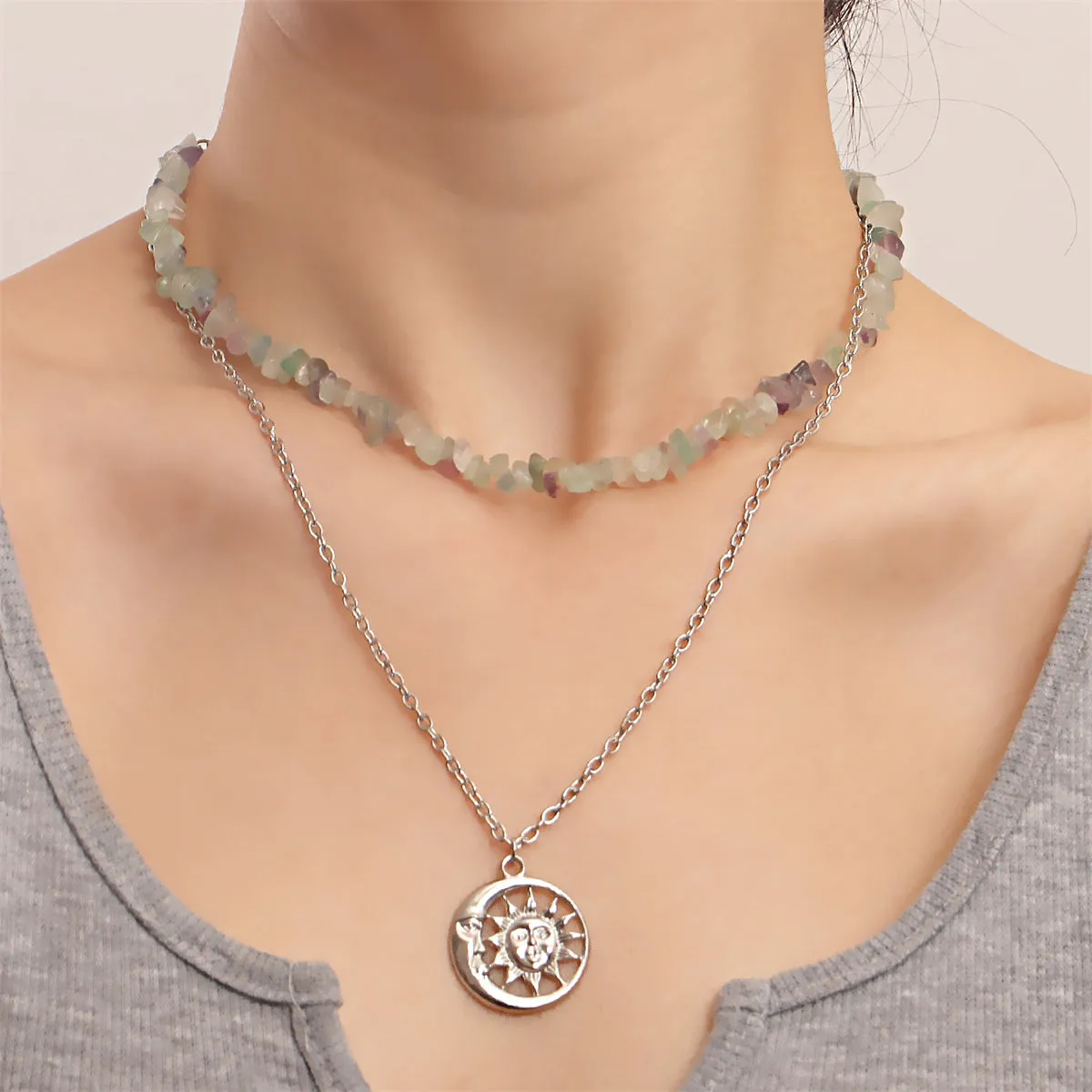 Purple Resin & Silver-Plated Sun Layered Pendant Necklace