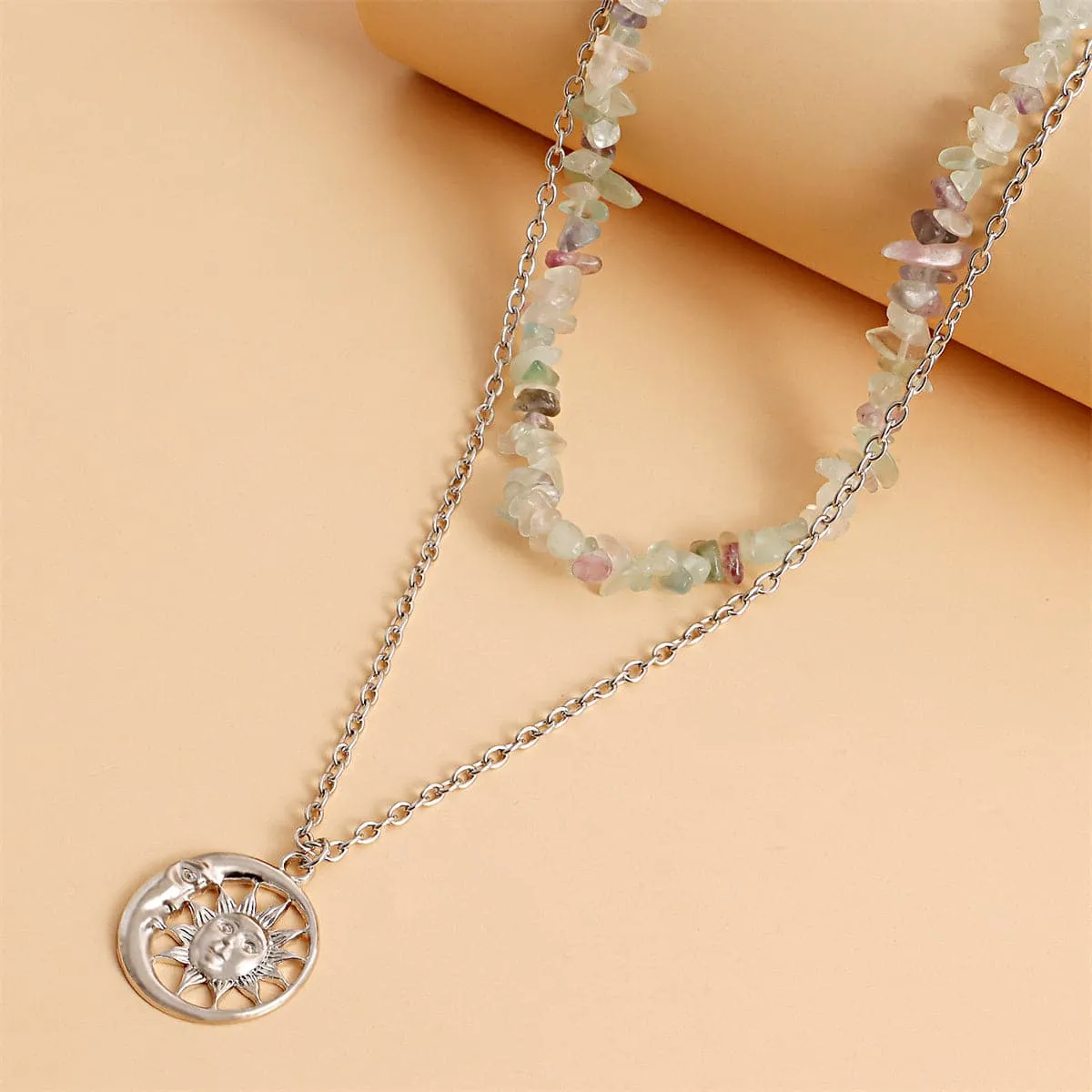 Purple Resin & Silver-Plated Sun Layered Pendant Necklace