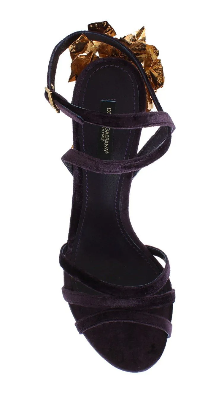 Purple Velvet Gold Leaf Sandal Shoes